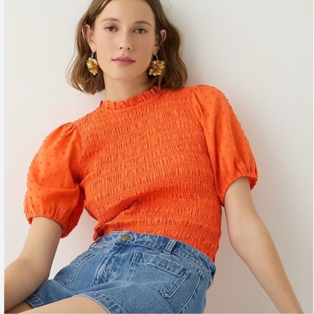 J.Crew Puff-sleeve Textured Voile Smocked Top Fire Lily Orange